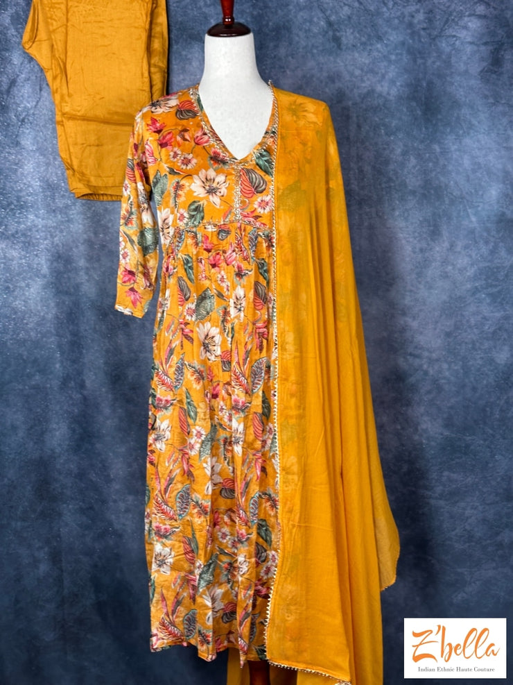 Mustard Yellow Floral Printed Chiffon Kurti With Bottom And Dupatta Kurti Set