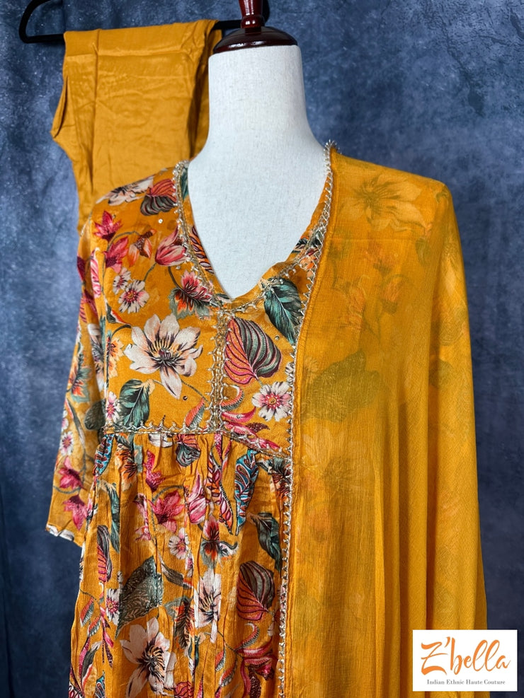Mustard Yellow Floral Printed Chiffon Kurti With Bottom And Dupatta Kurti Set