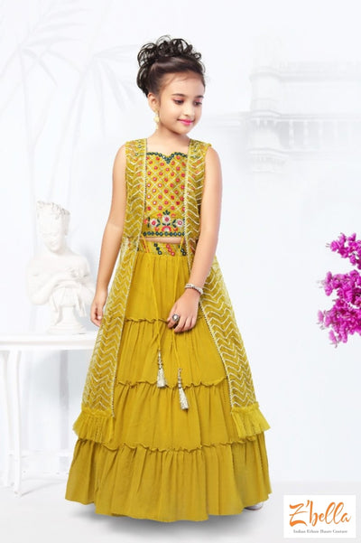 Mustard Yellow Skirt With Top And Full Length Jacket - 5 6 Yr Girl Kids Set