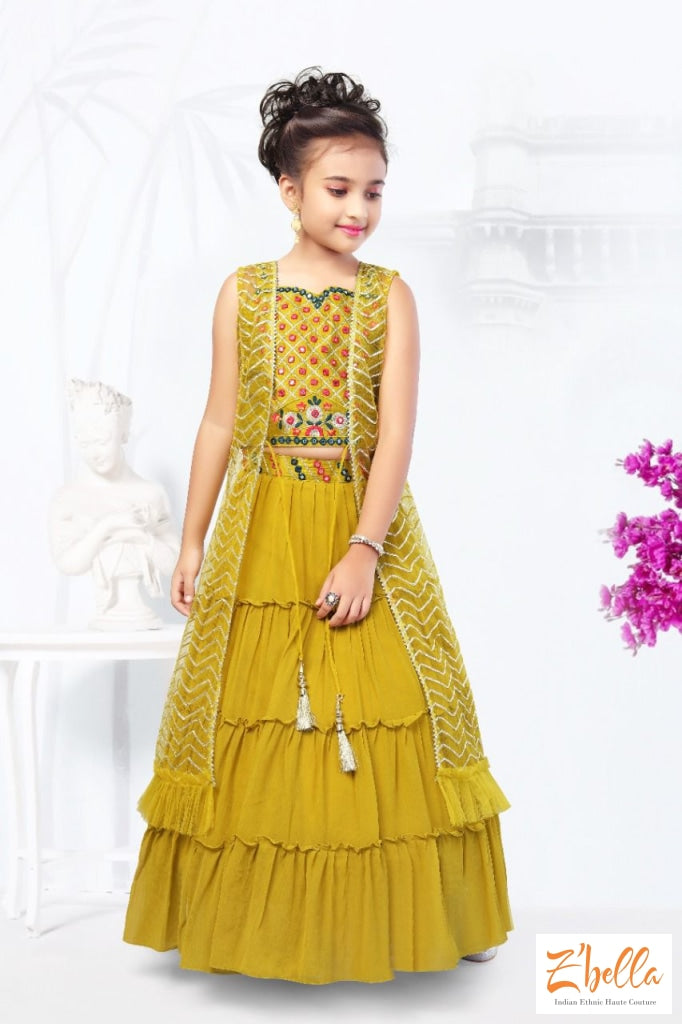 Mustard Yellow Skirt With Top And Full Length Jacket - 5 6 Yr Girl Kids Set