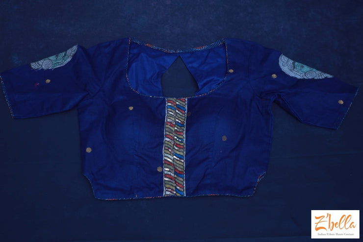 Navy Blue Chanderi Cotton Long Blouse With Kalamkari Patch Work Blouse