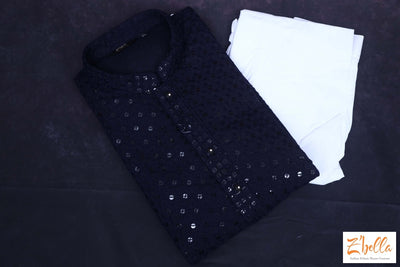 Navy Blue Georgette Chikankari Kurta With Sequins Work Comes Bottom Kurta Set
