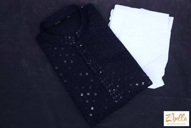 Navy Blue Georgette Chikankari Kurta With Sequins Work Comes Bottom Kurta Set
