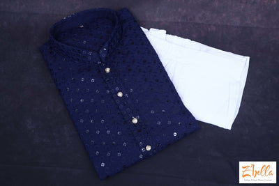 Navy Blue Georgette Chikankari Kurta With Sequins Work Comes Bottom Kurta Set
