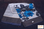 Off White And Navy Floral Print Pure Tussar Silk Saree With Stitched Blouse Saree