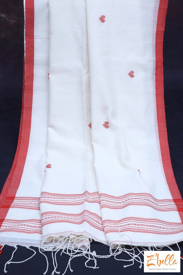 Off White And Red Combo Heart Weave Pure Handloom Cotton Saree With Bp Saree