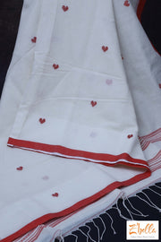 Off White And Red Combo Heart Weave Pure Handloom Cotton Saree With Bp Saree