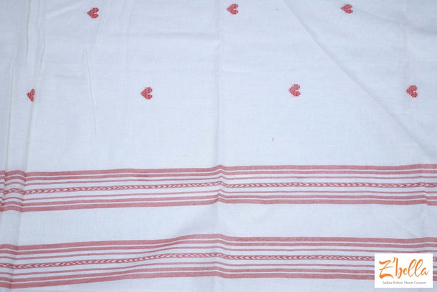 Off White And Red Combo Heart Weave Pure Handloom Cotton Saree With Bp Saree
