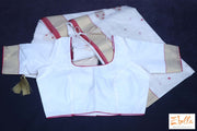 Off White And Red Combo Pure Chanderi Silk Hand Woven Saree With Stitched Blouse Saree