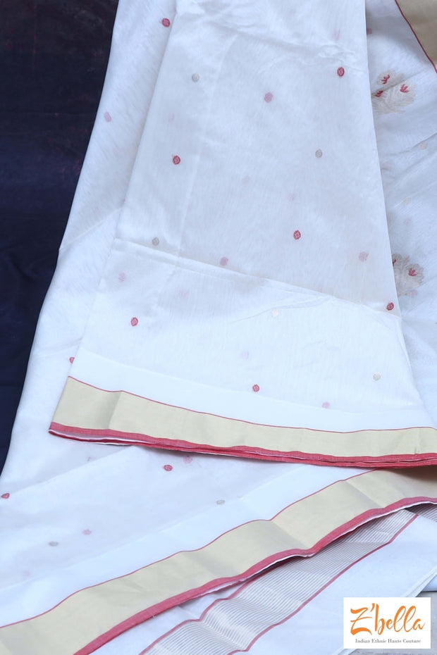 Off White And Red Combo Pure Chanderi Silk Hand Woven Saree With Stitched Blouse Saree