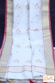 Off White And Red Combo Pure Chanderi Silk Hand Woven Saree With Stitched Blouse Saree