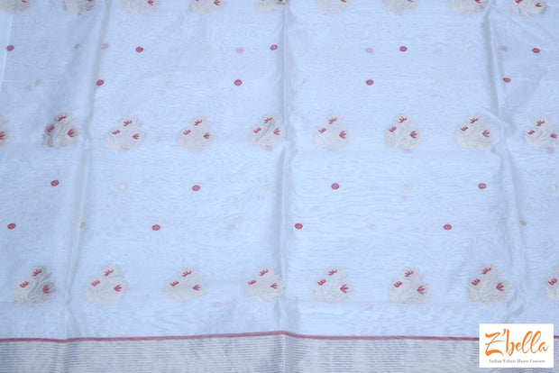 Off White And Red Combo Pure Chanderi Silk Hand Woven Saree With Stitched Blouse Saree