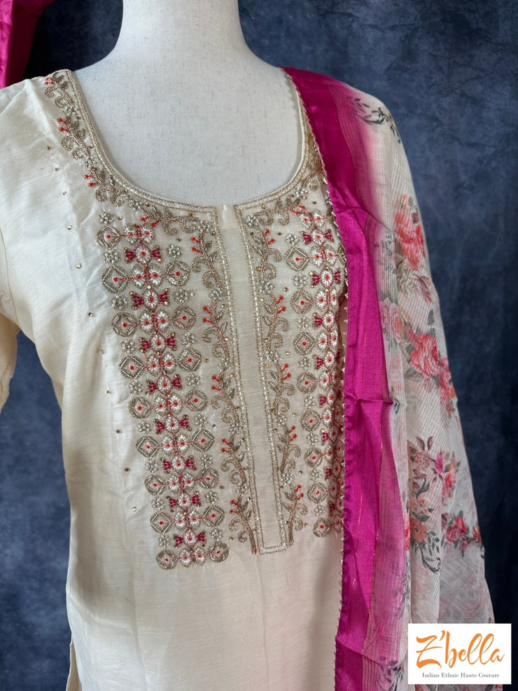 Off White Chanderi Silk Kurti With Bottom And Dupatta Kurti
