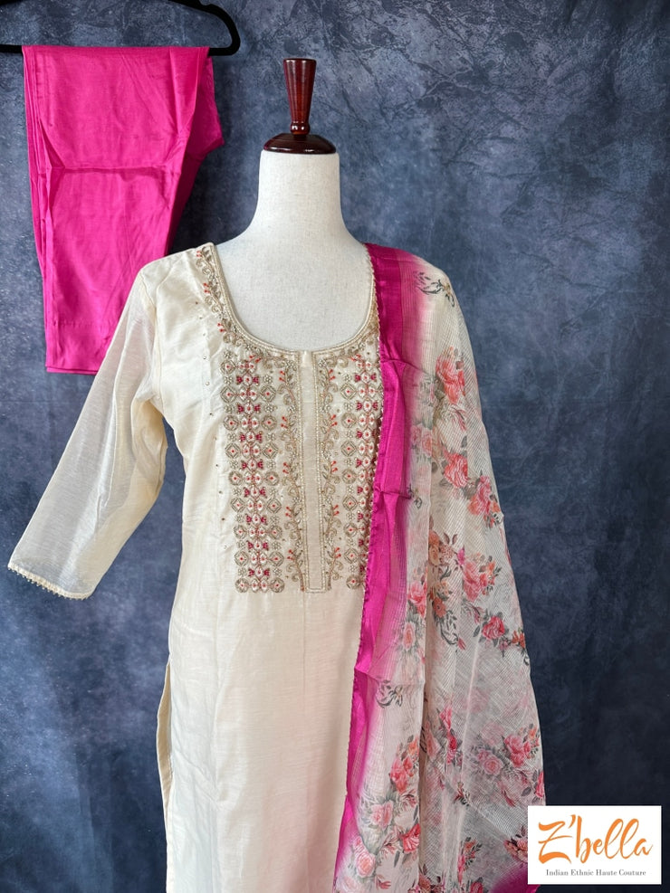 Off White Chanderi Silk Kurti With Bottom And Dupatta Kurti