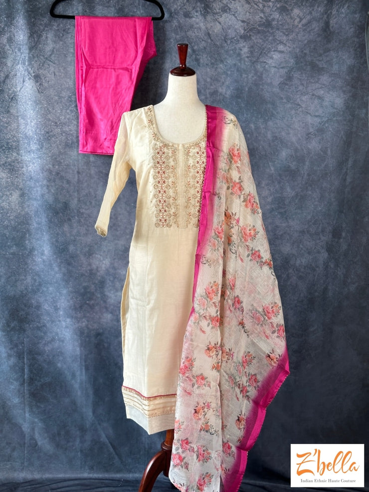 Off White Chanderi Silk Kurti With Bottom And Dupatta Kurti