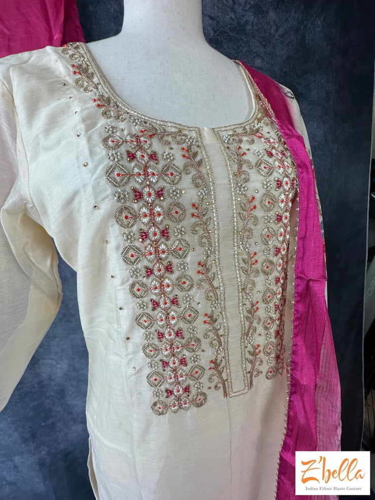 Off White Chanderi Silk Kurti With Bottom And Dupatta Kurti