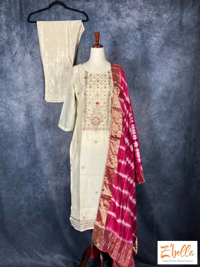 Off White Chanderi Silk Kurti With Bottom And Dupatta Kurti