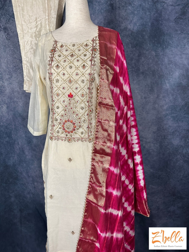 Off White Chanderi Silk Kurti With Bottom And Dupatta Kurti