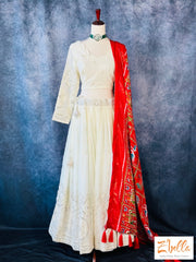 Off White Chikan And Sequins Work Skirt Long Sleeve Blouse With Red Pattola Print Dupatta Lehanga