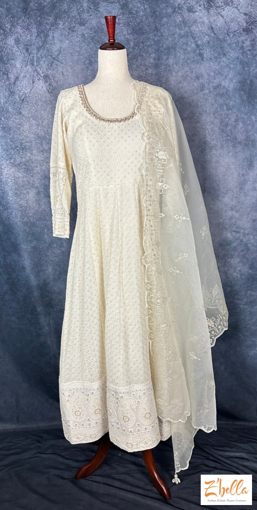 Off White Chikankari Anarkali Set Kurti Set