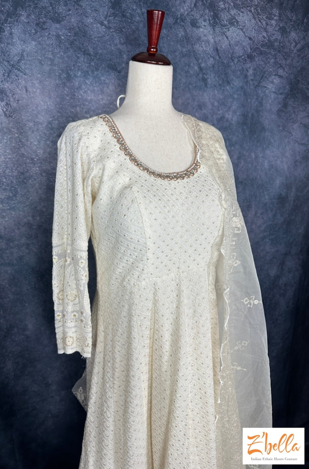 Off White Chikankari Anarkali Set Kurti Set