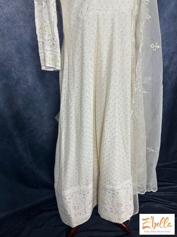 Off White Chikankari Anarkali Set Kurti Set