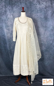 Off White Chikankari Anarkali Set Kurti Set