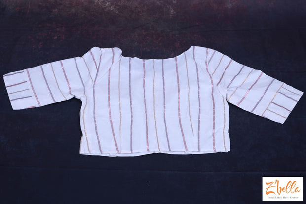 Off White Cotton Crop Top With Lines Blouse