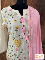 Off White Cotton Kurthi With Multi Color Thread Embroidery Bottom And Dupatta Kurti Set