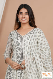 Off White Cotton Printed Anarkali Kurthi With Bottom And Dupatta Kurti Set