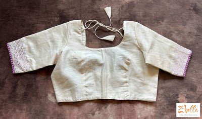 Off White Cotton Silk Blouse With Lavender Thread And Mirror Work Blouse