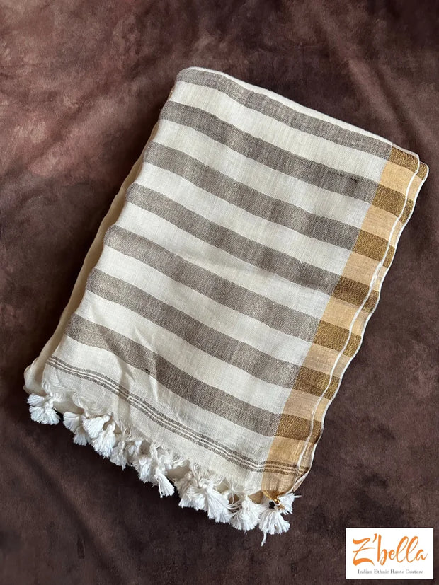 Off White Linen Saree With Gold Border Set Mundu