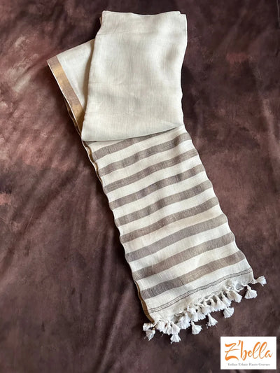 Off White Linen Saree With Gold Border Set Mundu