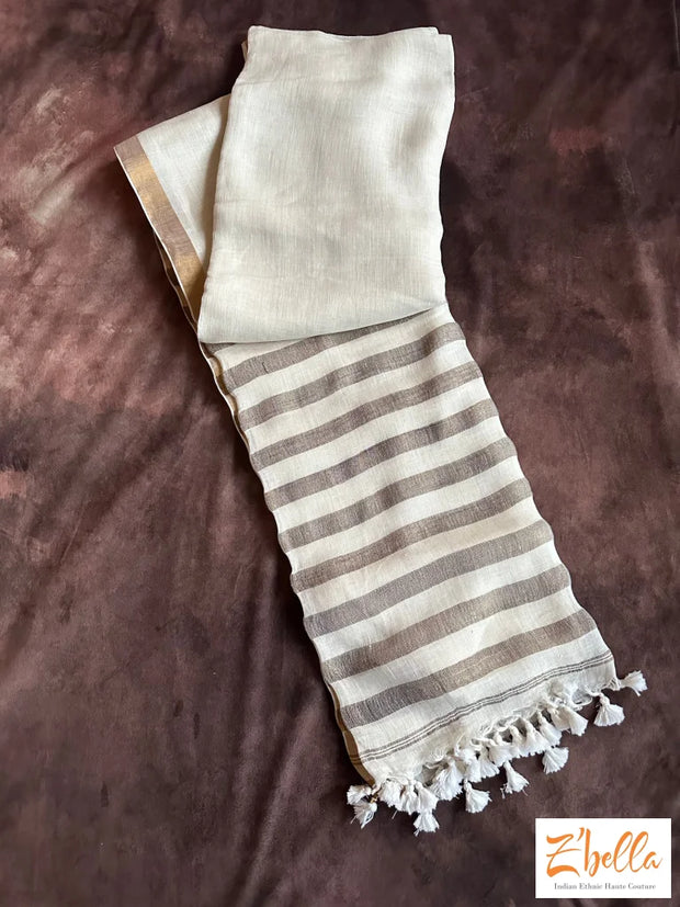Off White Linen Saree With Gold Border Set Mundu