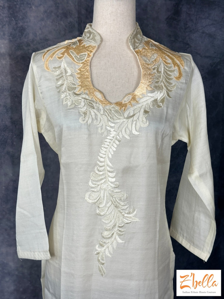 Off White Party Wear Kurti With Embroidery On Front And Back Neck Kurti