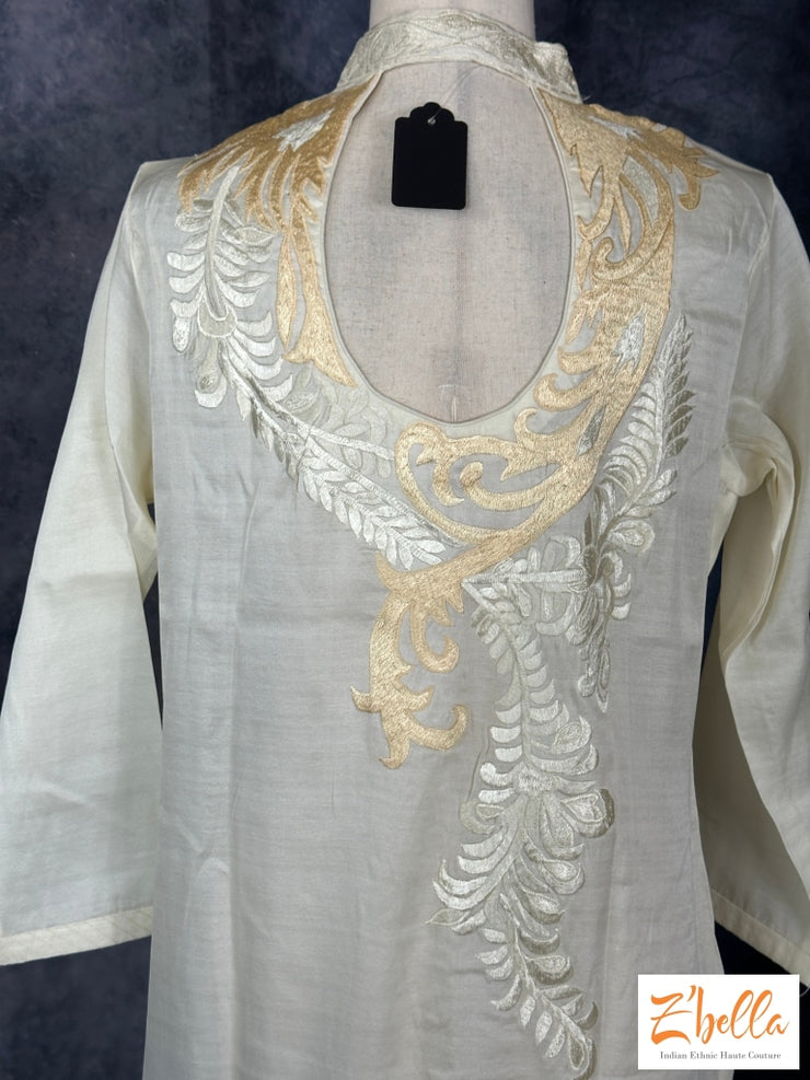 Off White Party Wear Kurti With Embroidery On Front And Back Neck Kurti