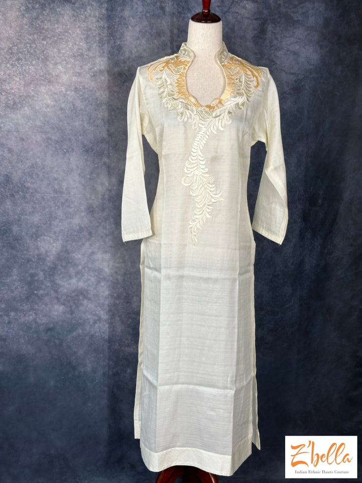 Off White Party Wear Kurti With Embroidery On Front And Back Neck Kurti