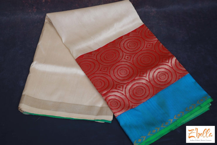 Offhite Tussar Silk Saree With Kora And Raw Hand Woven Borders Stitched Blouse Saree