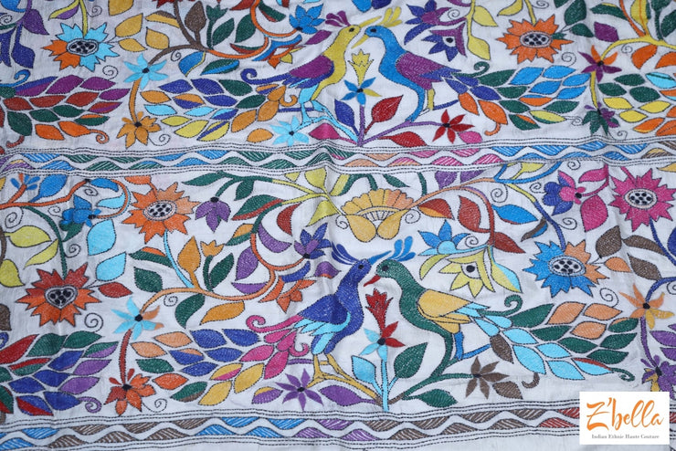 Offwhite Gachi Tussar Silk Saree With Multi Color Kantha Work Blouse Saree