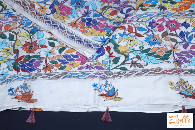 Offwhite Gachi Tussar Silk Saree With Multi Color Kantha Work Blouse Saree