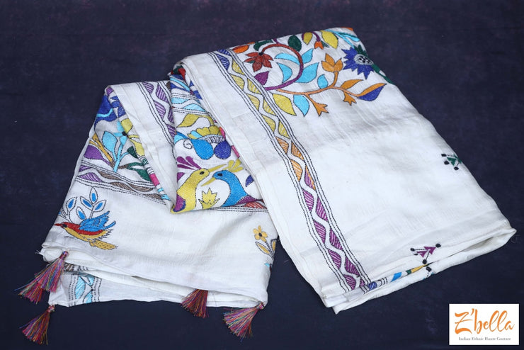 Offwhite Gachi Tussar Silk Saree With Multi Color Kantha Work Blouse Saree