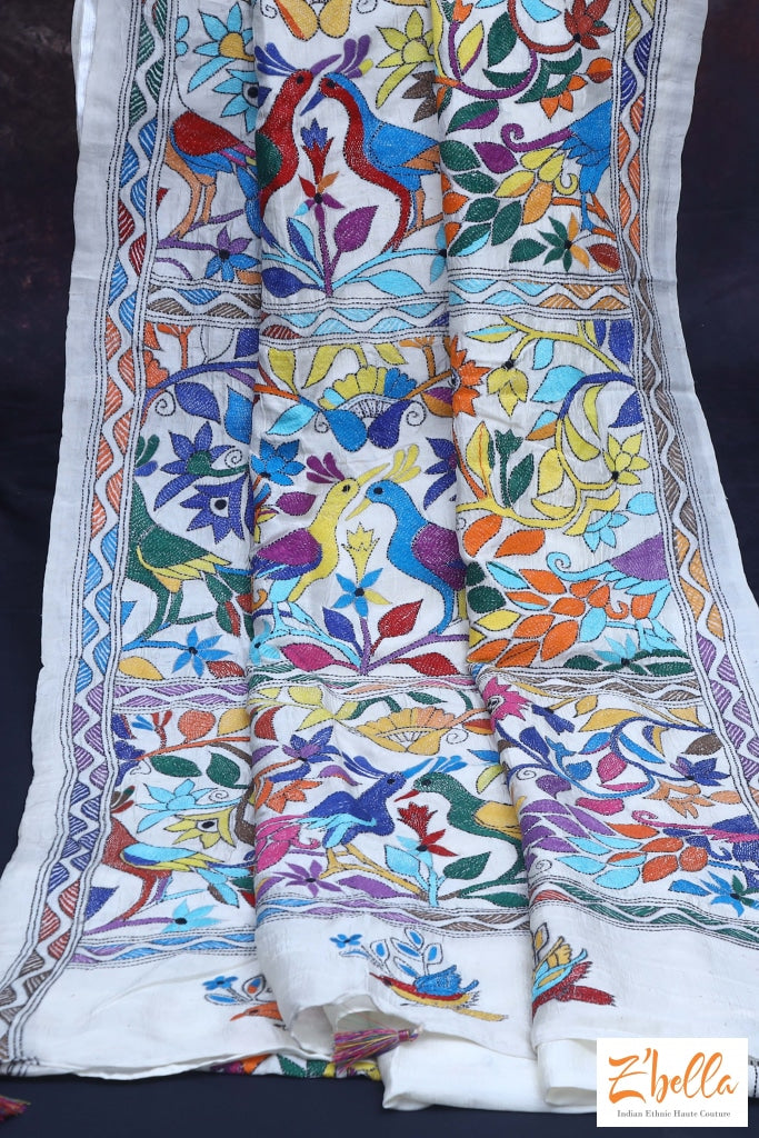 Offwhite Gachi Tussar Silk Saree With Multi Color Kantha Work Blouse Saree
