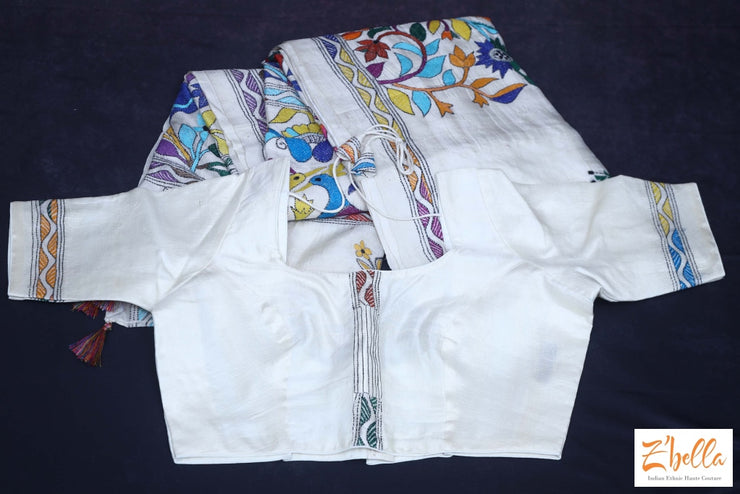Offwhite Gachi Tussar Silk Saree With Multi Color Kantha Work Blouse Saree