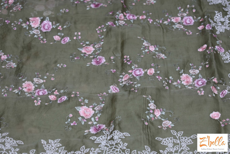 Olive Green Floral Embroidered Organza Silk Saree With Stitched Blouse Saree