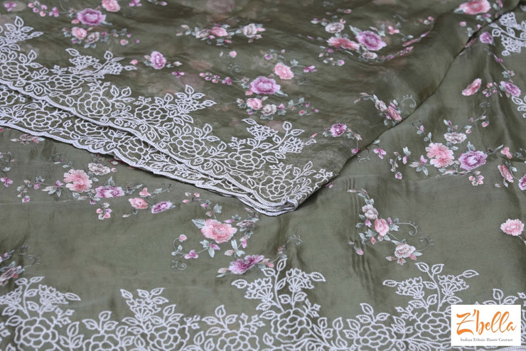 Olive Green Floral Embroidered Organza Silk Saree With Stitched Blouse Saree