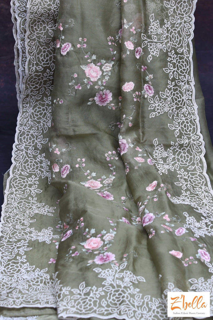 Olive Green Floral Embroidered Organza Silk Saree With Stitched Blouse Saree
