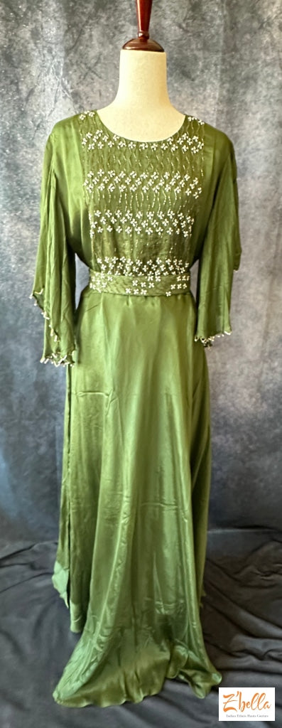 Olive Green Gown With Sleeve Pattern And Belt Gown