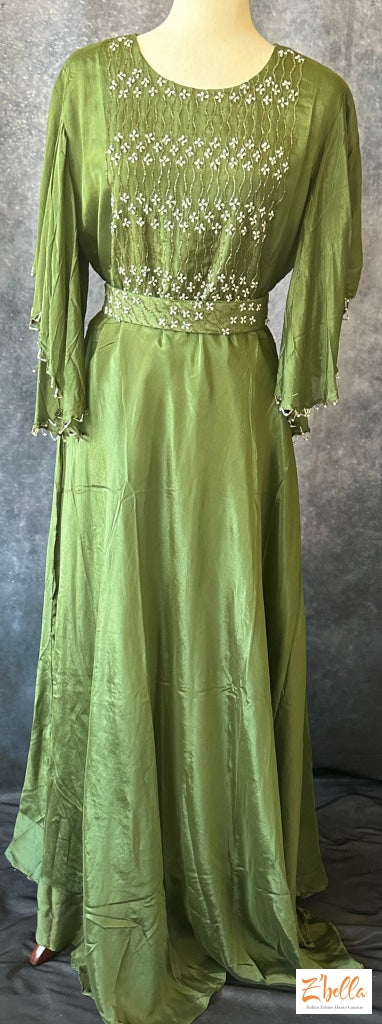 Olive Green Gown With Sleeve Pattern And Belt Gown