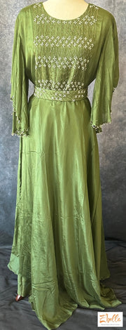 Olive Green Gown With Sleeve Pattern And Belt Gown