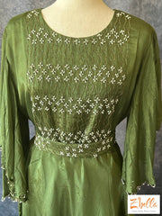 Olive Green Gown With Sleeve Pattern And Belt Gown